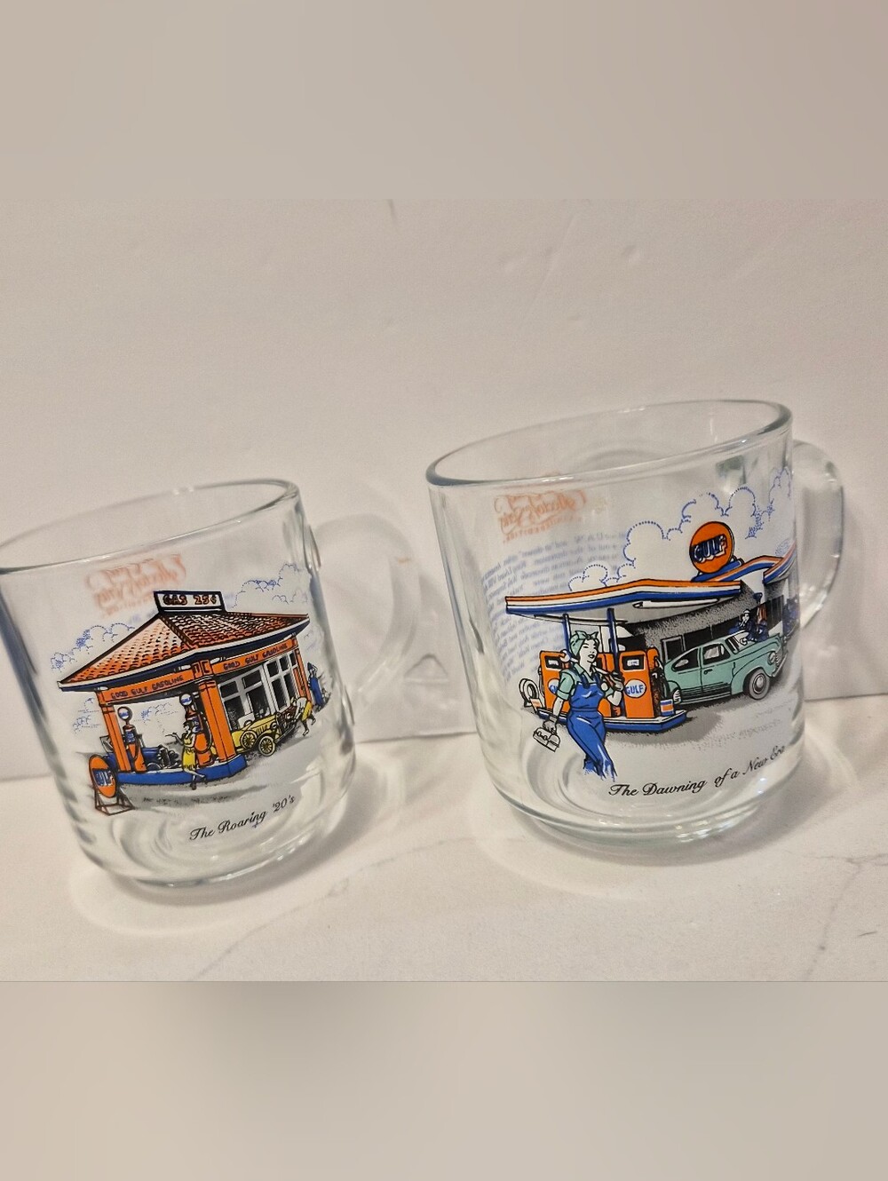 Vintage Luminarc Gulf Oil Collector Series Glass Mugs Set of 2